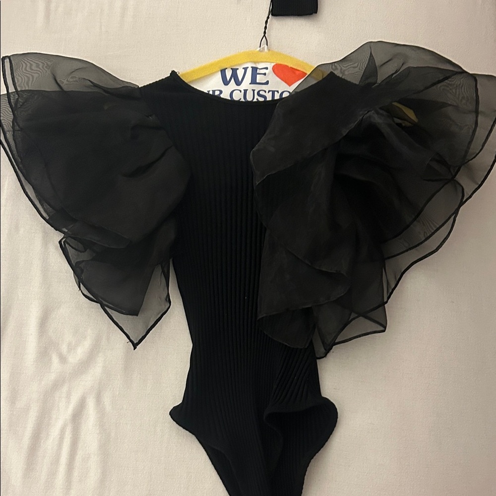 Kids Black Ruffled Sleeve One-Piece Bodysuit